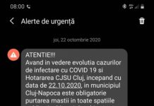 Mesaj RO ALERT transmis în această dimineață pentru localitățile Cluj-Napoca, Dej, Florești, Gherla