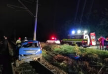 Cluj-Napoca: Patru tineri au ajuns la spital după ce maşina în care se aflau a ajuns pe şinele de tren şi a lovit un stâlp CFR (FOTO)