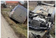 FOTO: Accident la Bunești, o mașină spulberată de o dubă înmatriculată în Maramureș, șoferul tocmai se pregătea să urce la volan