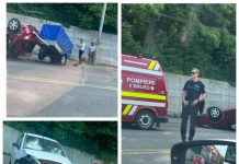 FOTO: Accident în Dej. O mașină răsturnată pe plafon (actualizare)