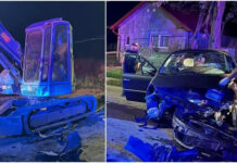 Femeie moartă după ce mașina în care se afla a intrat cu viteză într-un buldoexacavator parcat